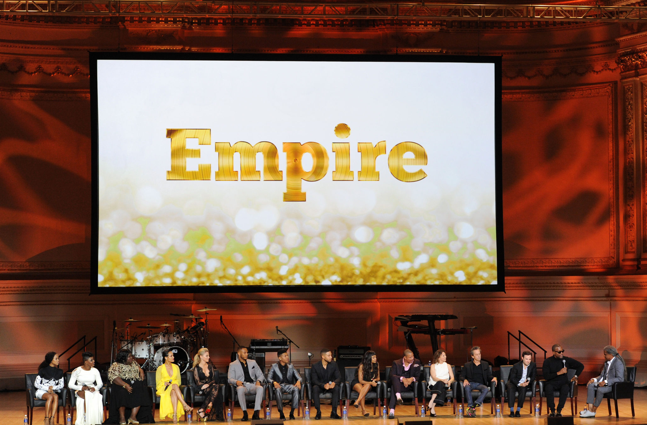 EMPIRE: EMPIRE Cast members Serayah McNeill, Ta 'Rhonda Jones, Gabourey Sidibe, Grace Gealey, Kaitlin Doubleday, Trai Byers, Bryshere "Yazz" Grey, Jussie Smollett, Taraji P. Henson and Terrence Howard and Executive Producers Ilene Chaiken, Brian Grazer, Danny Strong and Lee Daniels, and moderator Elvis Mitchell during the Q&A at the EMPIRE Season Two season premiere event at Carnegie Hall on Saturday, Sept. 12 in New York, NY. Season Two premieres Wednesday, Sept. 23 (9:00-10:00 PM ET/PT) on FOX. © 2015 FOX BROADCASTING CR: Frank Micelotta/FOX